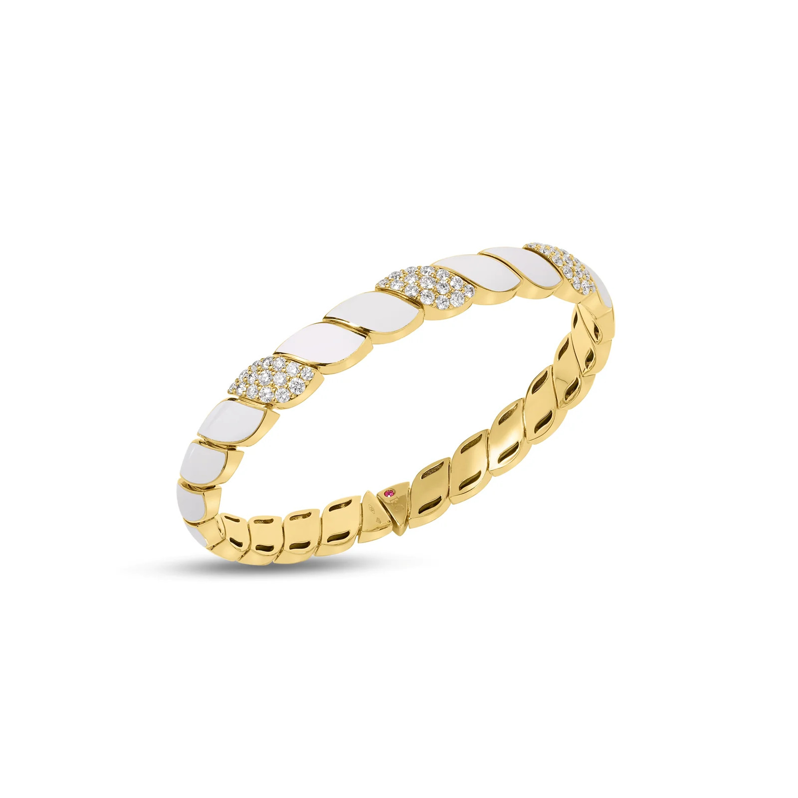 18K YELLOW GOLD SAN MARCO DIAMOND AND WHITE ENAMEL CUFF BANGLE. 0.90ctw