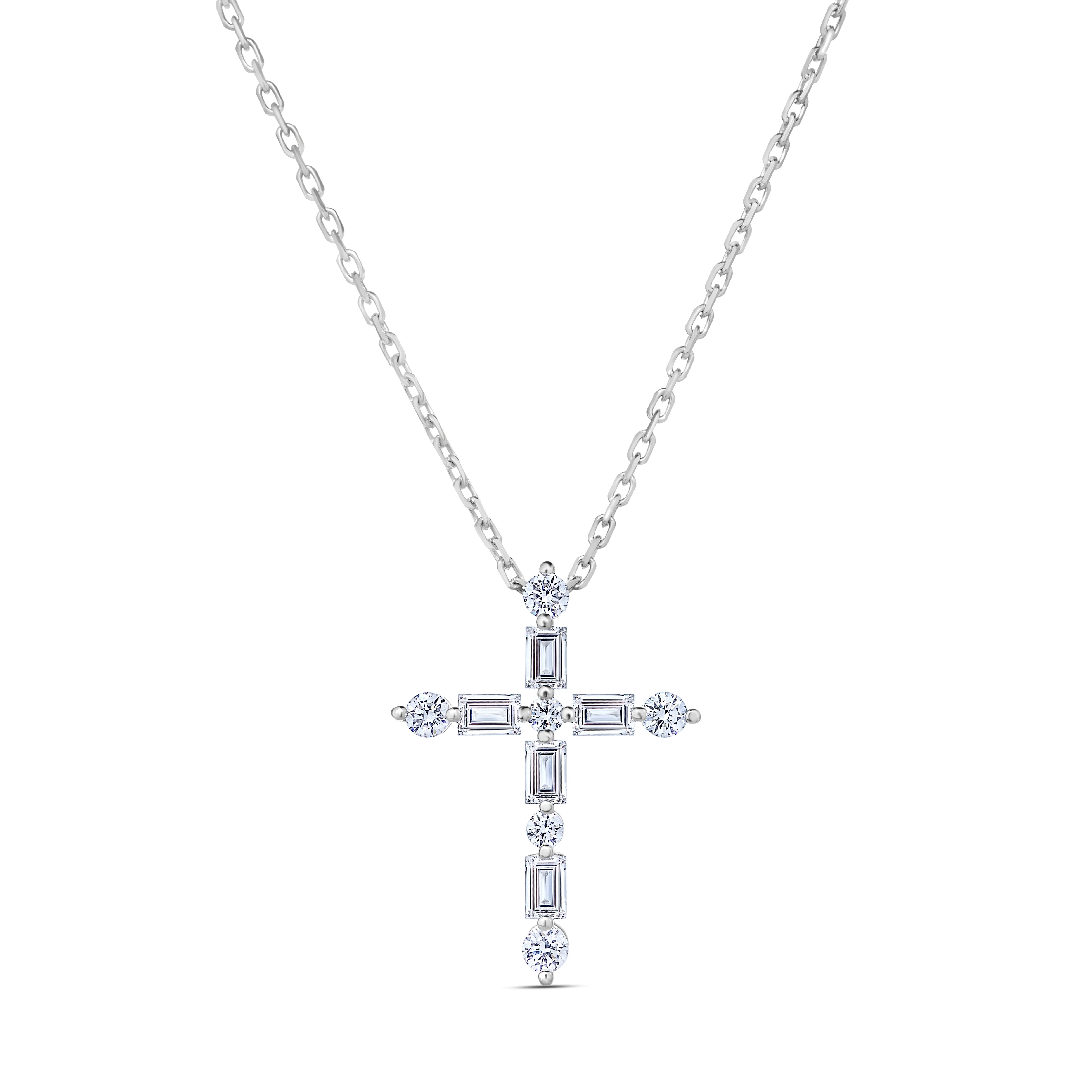 18K WHITE GOLD DIAMOND CLASSIC MIXED CUT CROSS NECKLACE. 0.55ctw