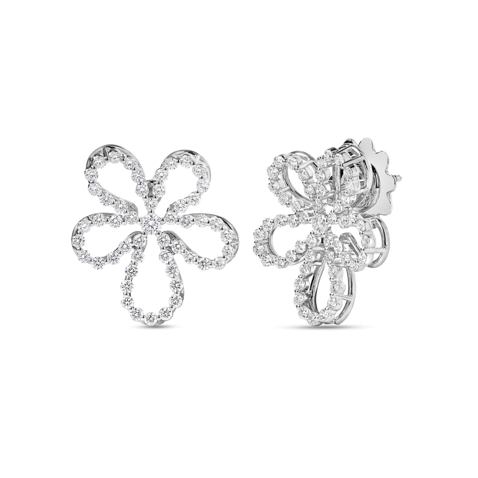 18K WHITE GOLD JASMINE PAVï¿½ DIAMOND OUTLINE FLOWER STUD EARRINGS. .44ctw, 14mmx12mm