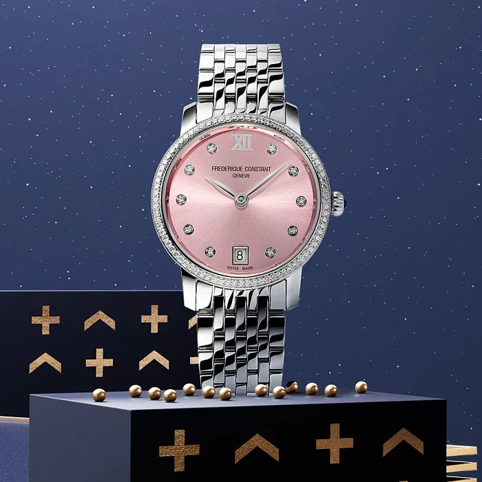 30mm Classic Slimline Ladies' Quartz  Watch with Pink Brass Dial, Date Display, and Diamond Bezel and Indices