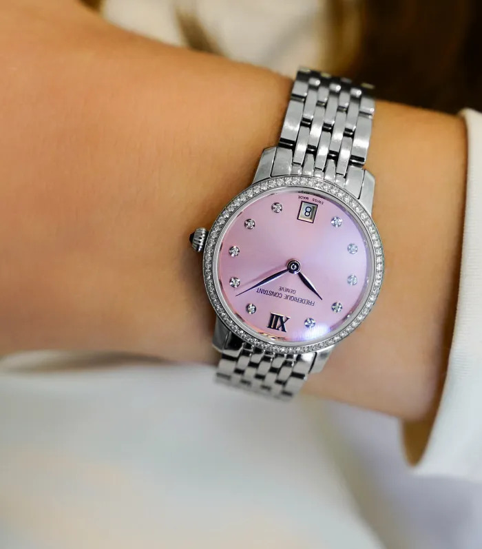 30mm Classic Slimline Ladies' Quartz  Watch with Pink Brass Dial, Date Display, and Diamond Bezel and Indices