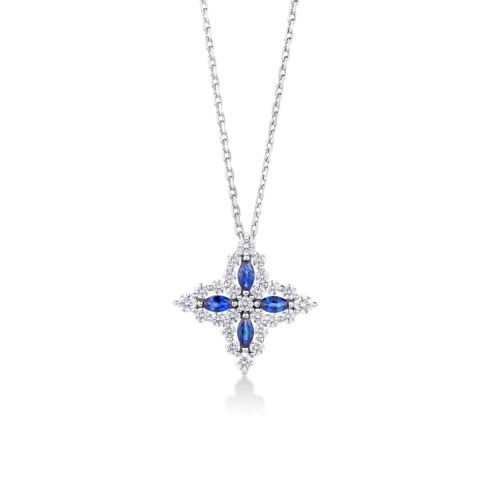 18K WHITE GOLD DIAMOND PRINCESS OUTLINE TAPERED FLOWER NECKLACE WITH BLUE SAPPHIRE