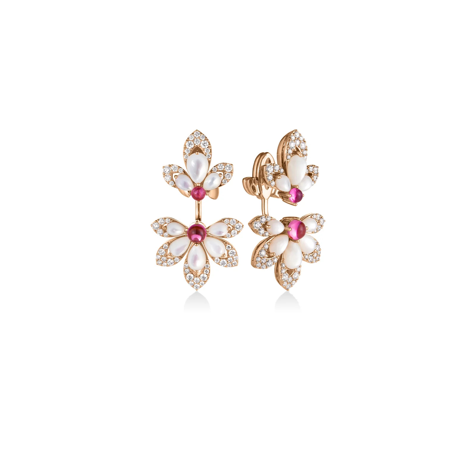 18K ROSE GOLD TIARE' DIAMOND, RUBELLITE, AND MOTHER OF PEARL DROP EARRINGS DIA-.90. MOP-5.70 RUBELLITE-1.0 RUBY-0.02