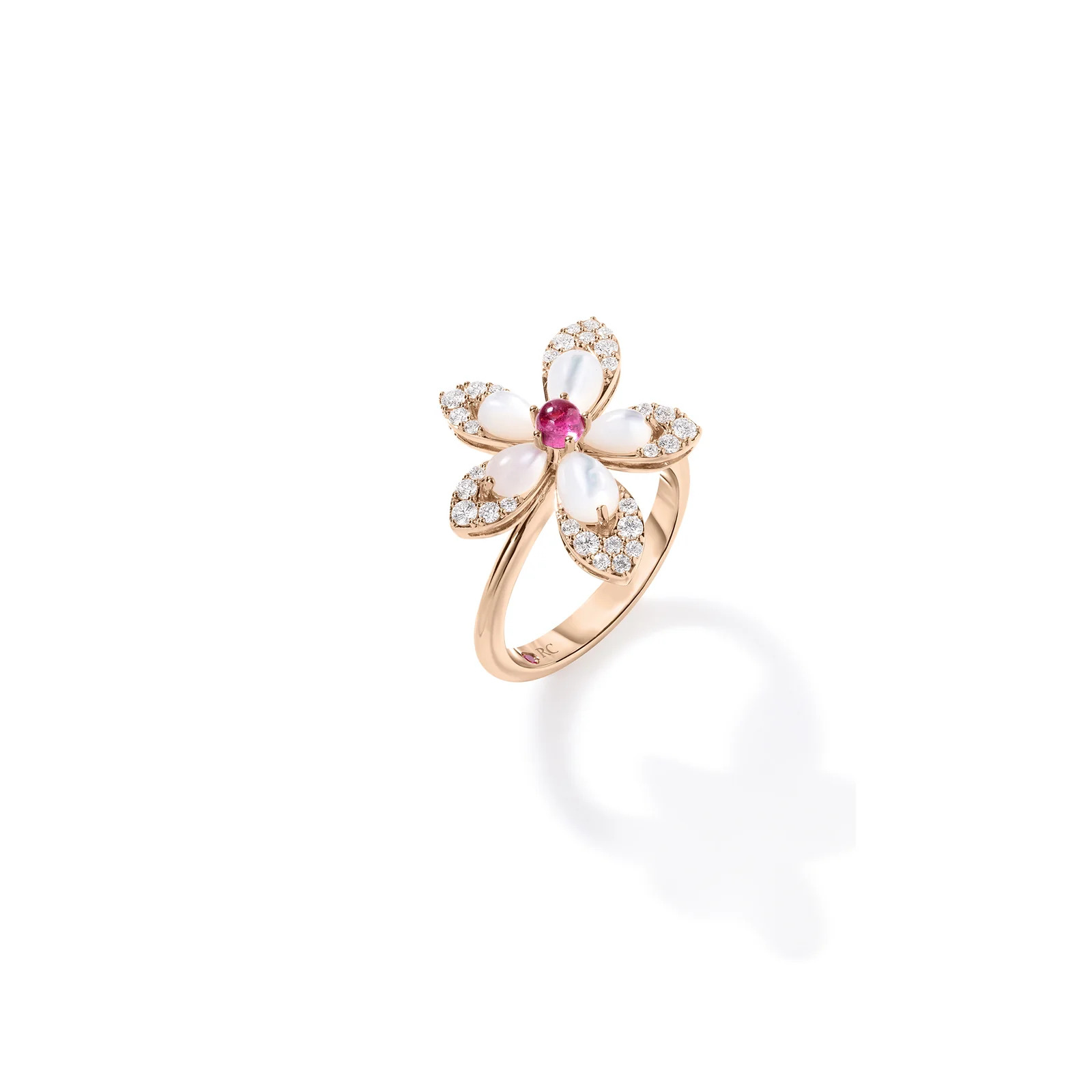 18K ROSE GOLD TIARE'  RING WITH DIAMONDS, MOP AND RUBELLITE