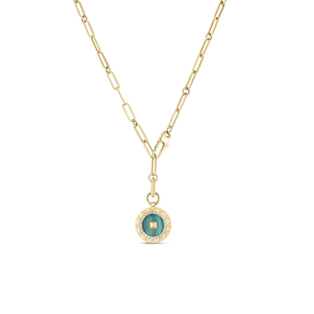 18K YELLOW GOLD OBELISCO DIAMOND AND MALACHITE MEDALLION NECKLACE. DIA 0.47, MALA-15.15